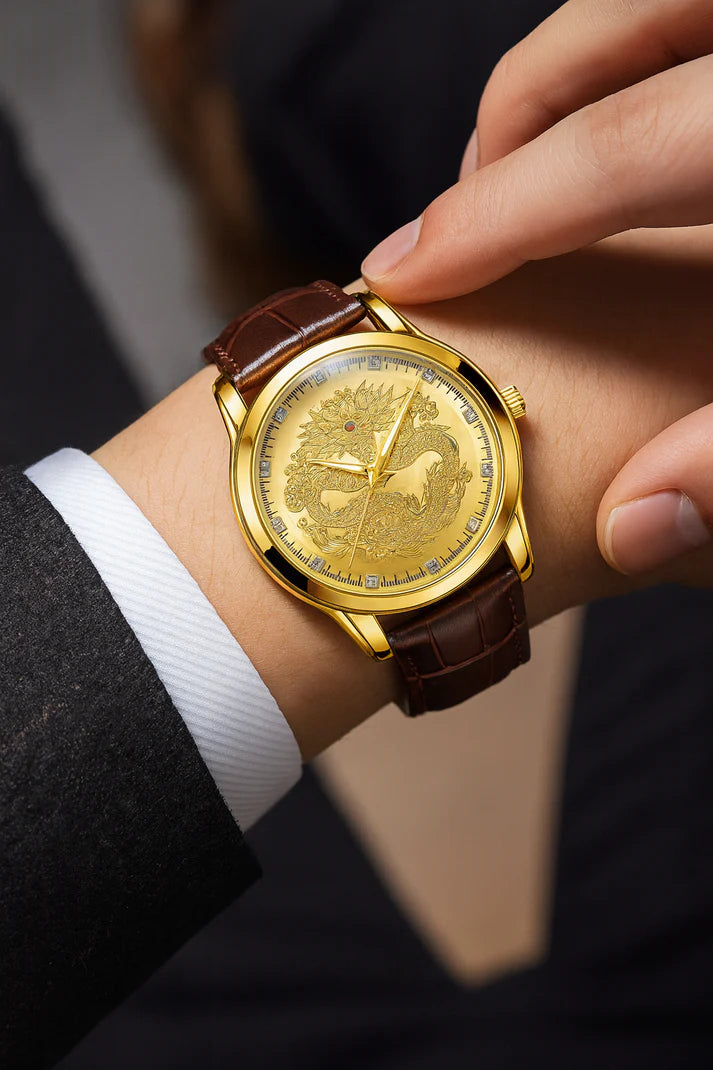 Men’s Gold Dragon Dial Quartz Watch with Leather Strap – Fashion Business Set