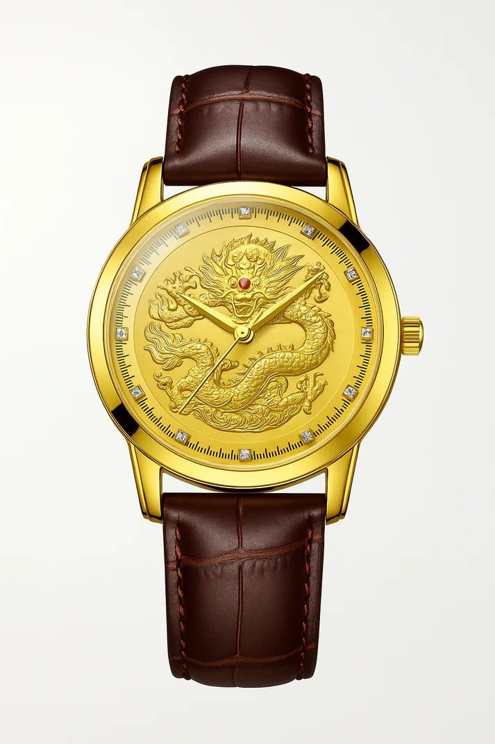 Men’s Gold Dragon Dial Quartz Watch with Leather Strap – Fashion Business Set