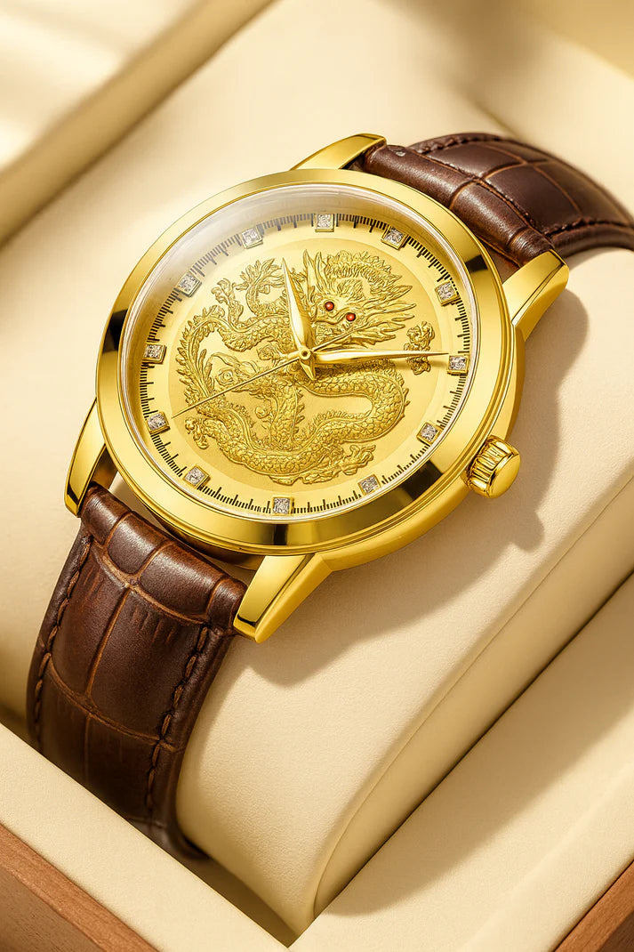 Men’s Gold Dragon Dial Quartz Watch with Leather Strap – Fashion Business Set